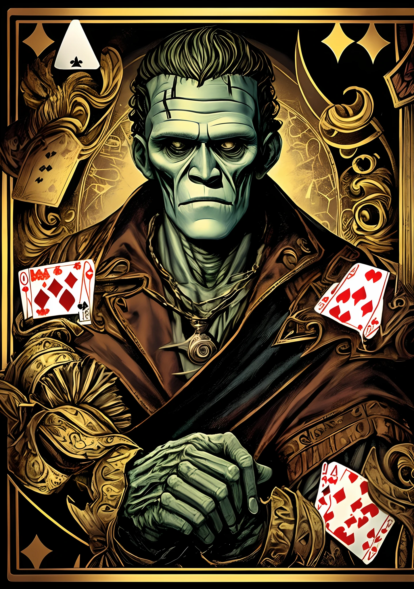 Frankenstein's monster as the playing card the king of spades. With rotational symmetry
