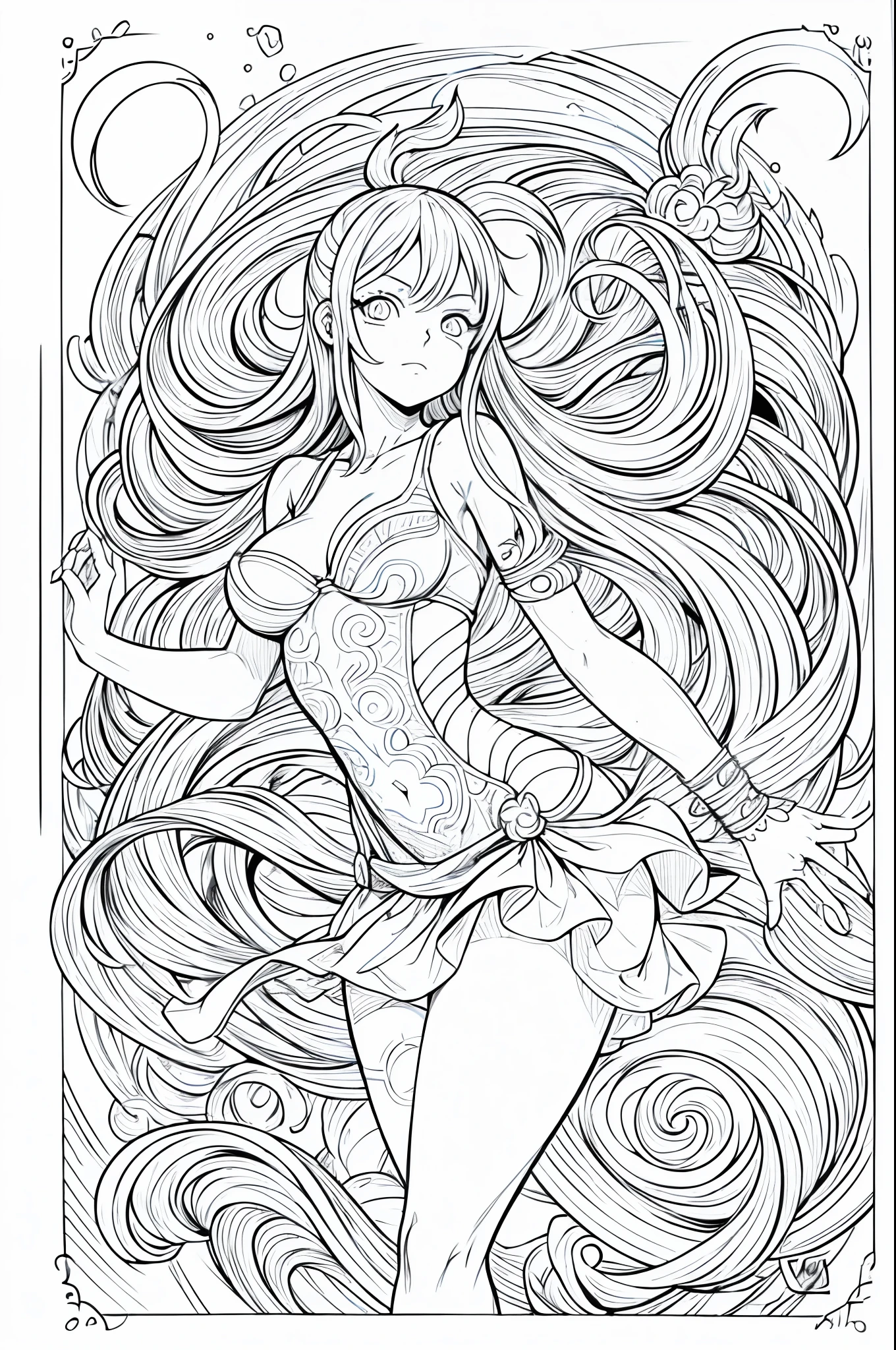 coloring page for kids, nami from one piece, anime style, one character, clean line art low detailed, white and black, monochrome, coloring book, sketchbook, realistic sketch, free lines, on paper, 8k, sticker, vector illustration, 2d flat, centered, minimalist, line art, vector graphics, flat style, sketch, character lines and scenes without colors and shadows. (Masterpiece, Best Quality, Highres:1.4), Detailed, Intricate Details, 4K, color splashes, line art, fibonacci,