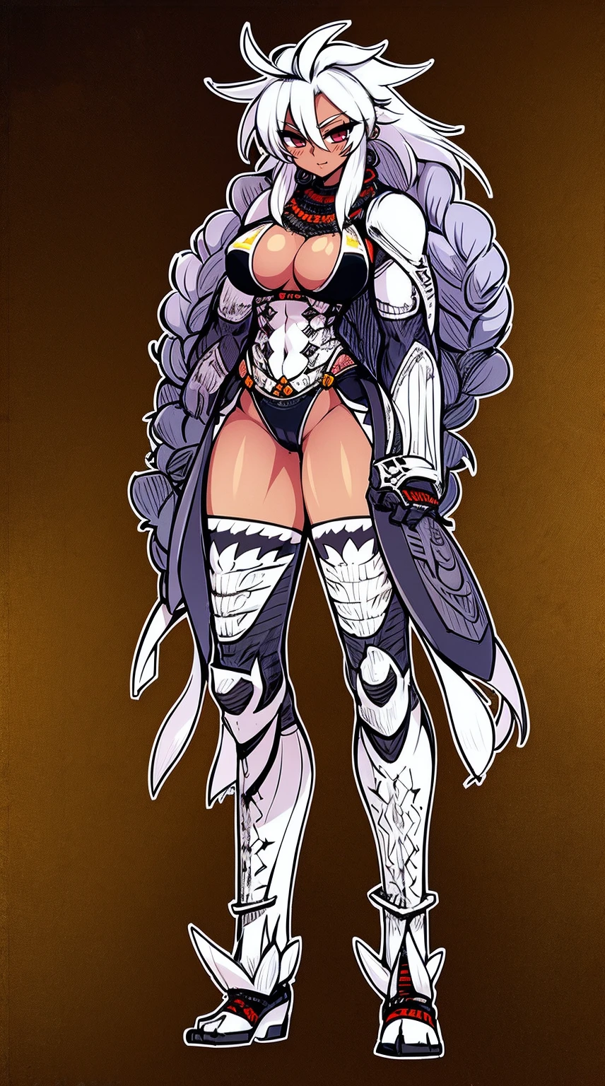 Ebony skinned female with white dreadlocks, thicc, wearing tribal warrior outfit, full body, standing, full body