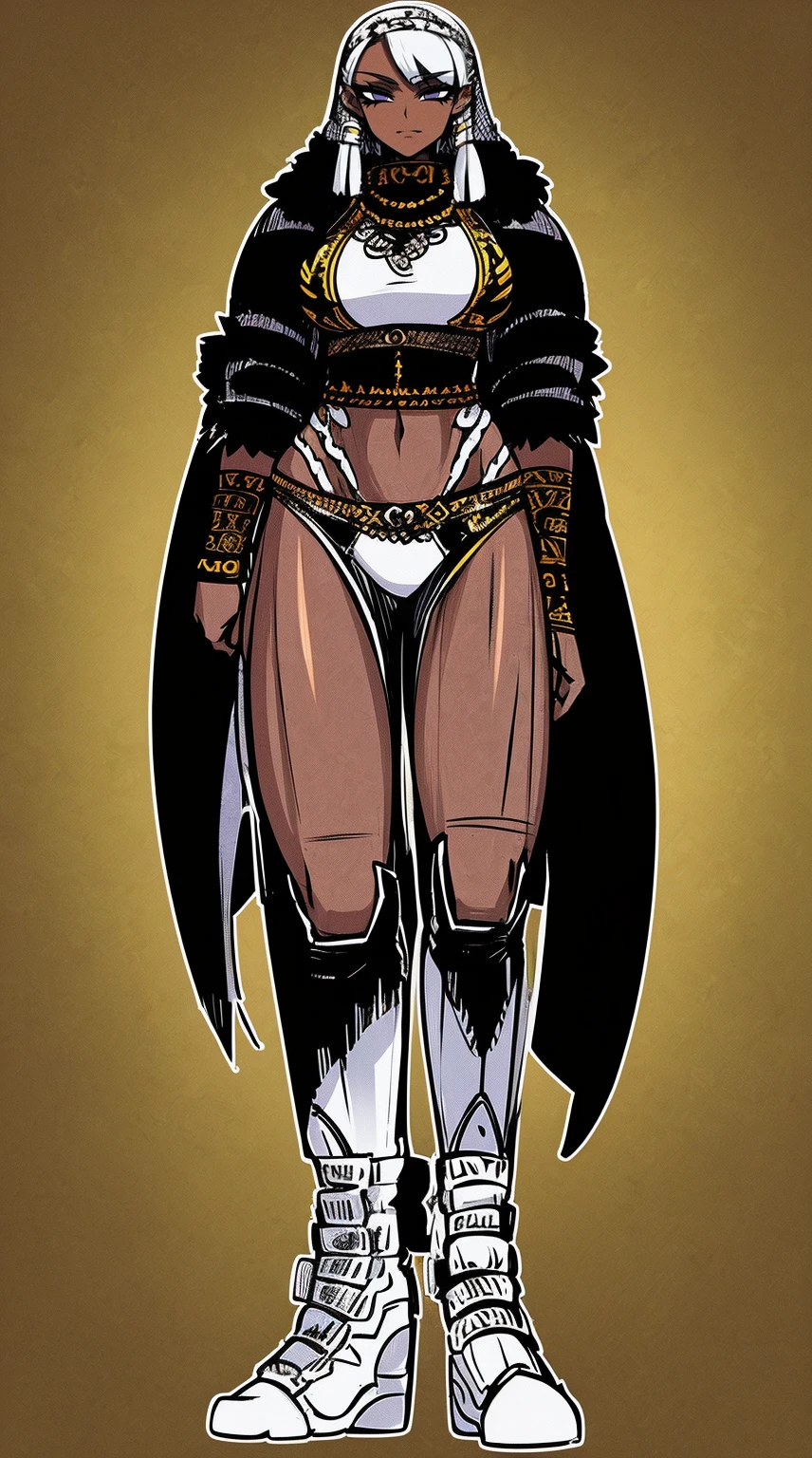 ewelry, thick thighs, wide hips, black lips, buzzcut black, small breast, milf, yellow eyes, white blank background, mature,black fingernails, mother, perky breasts, tomboy, ebony skin, luxury, tattoos, strong, muscular, sexy stockings, empress gold design, open dress, seductive fur, face tattoo, queen, royalty