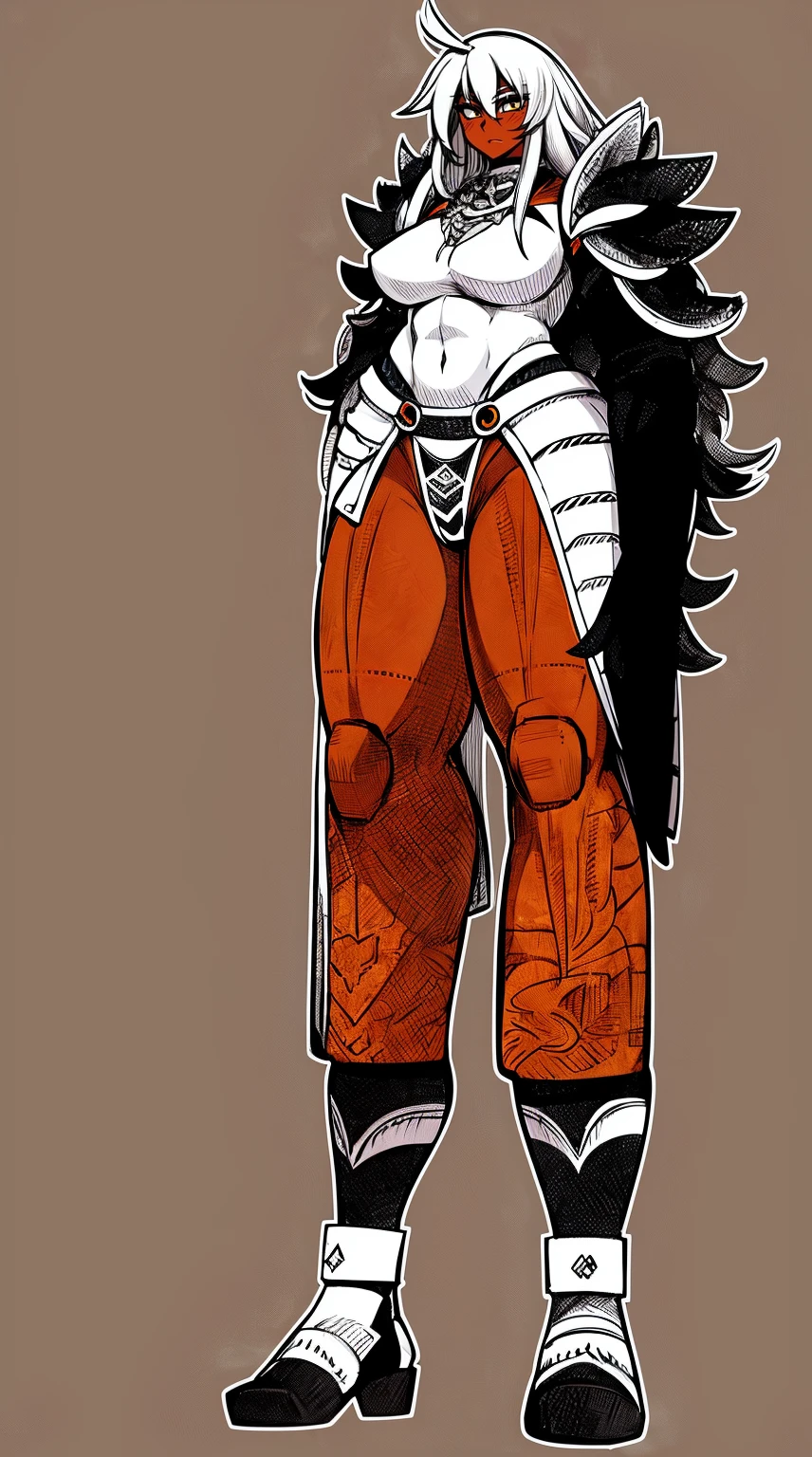 Ebony skinned female with white dreadlocks, thicc, wearing tribal warrior outfit, full body, standing, full body