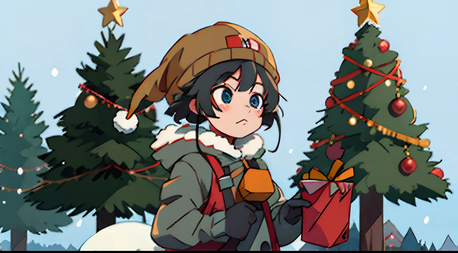 tanya, black hair with a Christmas hat, wearing a gray coat, with an orange hood, with a Christmas background, with snow and Christmas trees