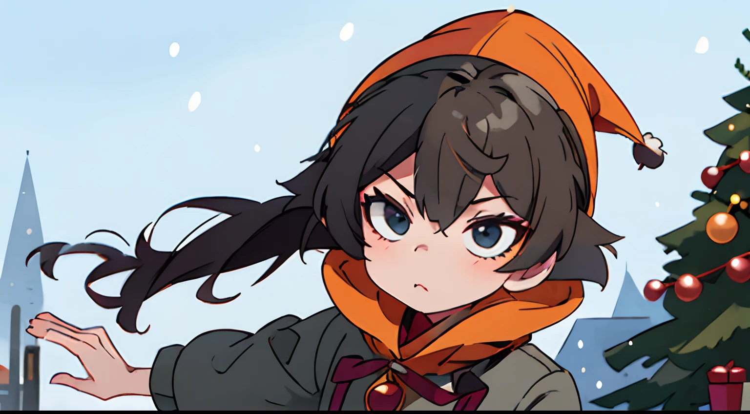 tanya, black hair with a Christmas hat, wearing a gray coat, with an orange hood, with a Christmas background, with snow and Christmas trees