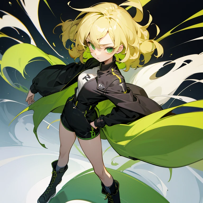 Anime . Blond hair. Slightly curly. Hair to her shoulders. Very green eyes. Black and white jacket. Shorts. Combat boots. 2D. Drawing. Anime style. Color.