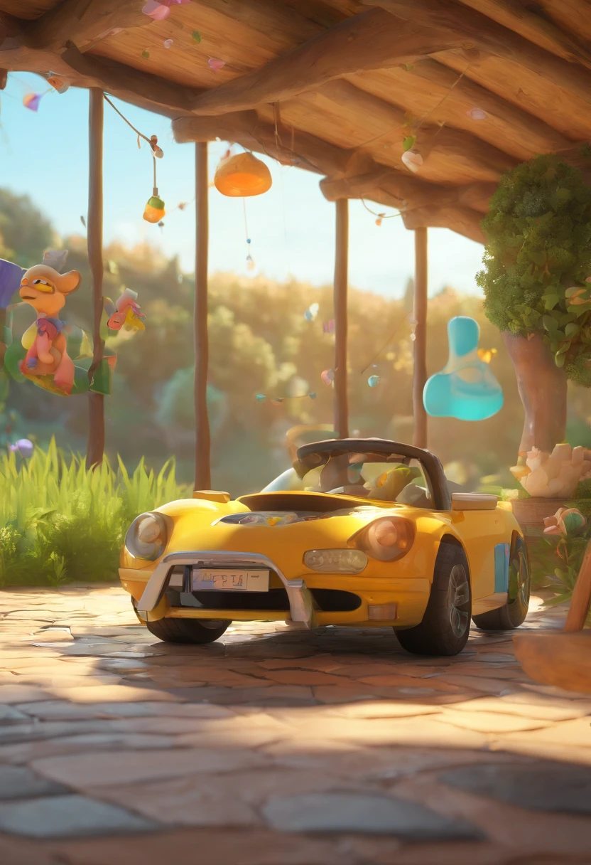homer simpson in garage by stargate dialing pad and by gold ring circle window on wall, the gold ring circle window shows a anime cute 3d video game sonic the hedge hog next to fox on grass in a village with mmountains in background,8k,fantasy picture,vivid,lush, expressive, shading, window is a portal to another world, realistic,