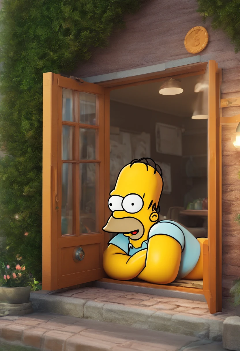 homer simpson in garage by stargate dialing pad and by gold ring circle window on wall, the gold ring circle window shows a anime cute 3d video game sonic the hedge hog next to fox on grass in a village with mmountains in background,8k,fantasy picture,vivid,lush, expressive, shading, window is a portal to another world, realistic,