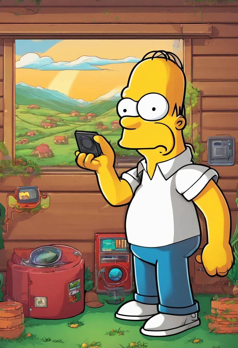 homer simpson in garage by stargate dialing pad and by gold ring circle window on wall, the gold ring circle window shows a anime cute 3d video game sonic the hedge hog next to fox on grass in a village with mmountains in background,8k,fantasy picture,vivid,lush, expressive, shading, window is a portal to another world, realistic,