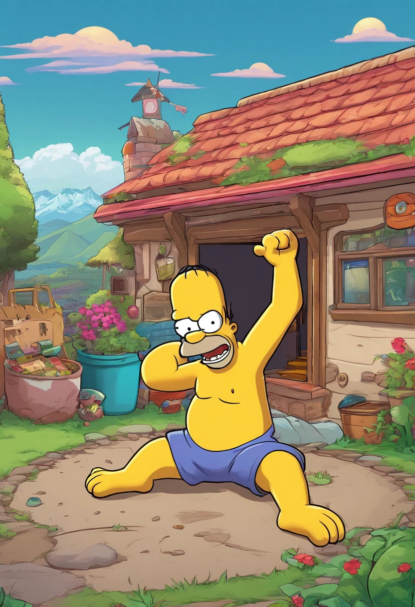 homer simpson in garage by stargate dialing pad and by gold ring circle window on wall, the gold ring circle window shows a anime cute 3d video game sonic the hedge hog next to fox on grass in a village with mmountains in background,8k,fantasy picture,vivid,lush, expressive, shading, window is a portal to another world, realistic,