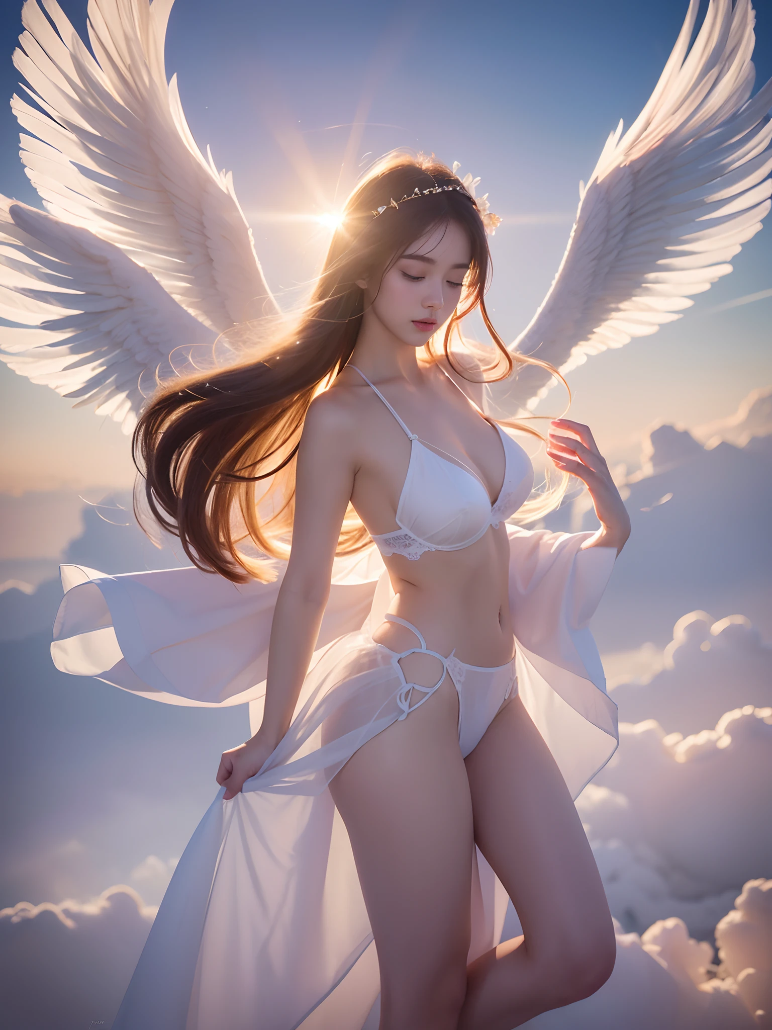 (Raw photo:1.2), (Photorealistic), Beautiful detailed girl, Very detailed eyes and face, Beautiful detailed eyes, Huge file size, High resolution, Very detailed, Best Quality, [masutepiece:1.6], Illustration, Very detailed, Fine detail, Best Quality, 8K Wallpaper, Movie Lighting,15-year-old goddess above the clouds, Hair flowing in the wind, White bra, white  panties, Wearing a translucent robe. Soft light spreads beyond the clouds, And a winged little angel flutters around her. A glowing halo shimmers around the goddess, And graceful rays emanate from the halo. The light reflects off the angel's wings, Create fantastic scenes reminiscent of the heavens above the clouds.