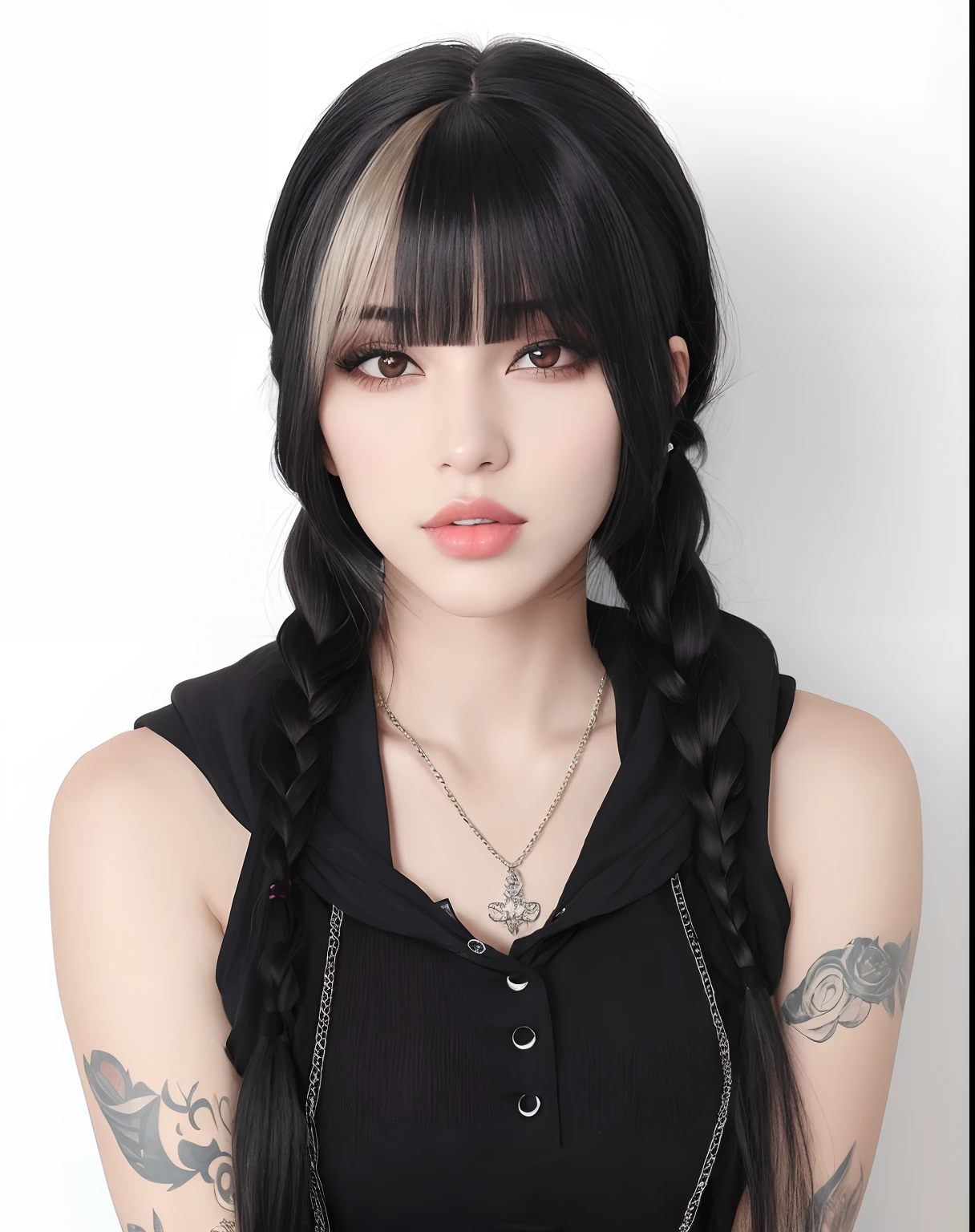 mulher arafed com cabelo preto longo e um top preto, cabelo blackbangs cabelo, Ela tem cabelo preto com franja, penteado twintails, whitebangscabelo negro, cabelo preto e franja branca, Ulzzang, penteado pigtails, cruel korean goth girl, cabelos longos com franja, cabelo preto longo com franja, franja preta, cabelo comprido com franja completa