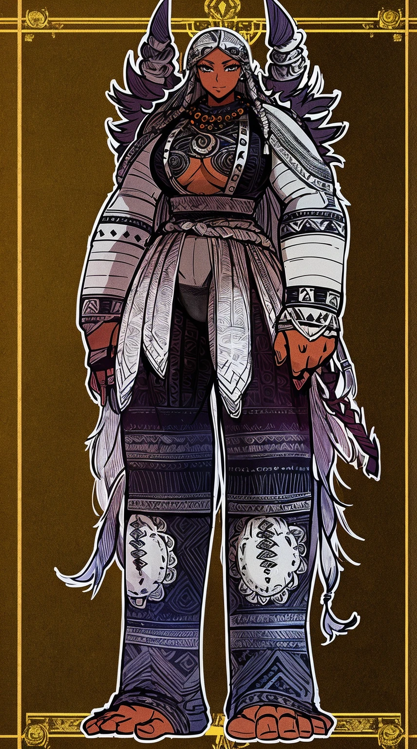 Ebony skinned female with white dreadlocks, thicc, wearing tribal warrior outfit, full body, standing, full body