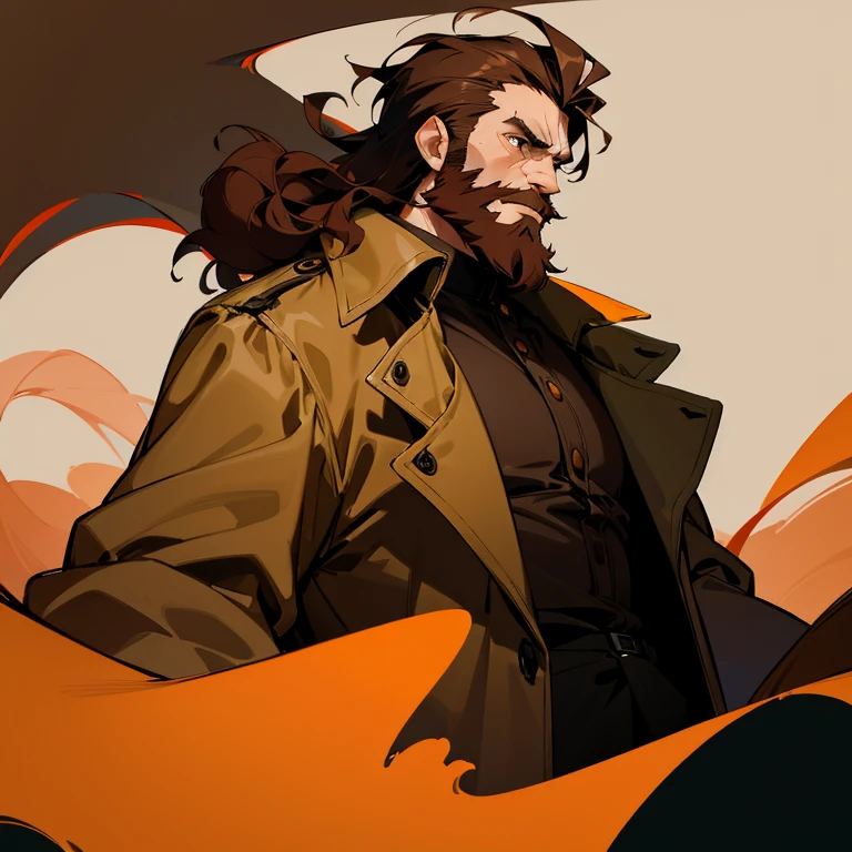 Man in his forties. Short curly hair. Brown hair. Red and brown beard. Trench coat. Medium sized medium sized beard. 2D. Anime style. Drawing. Color.