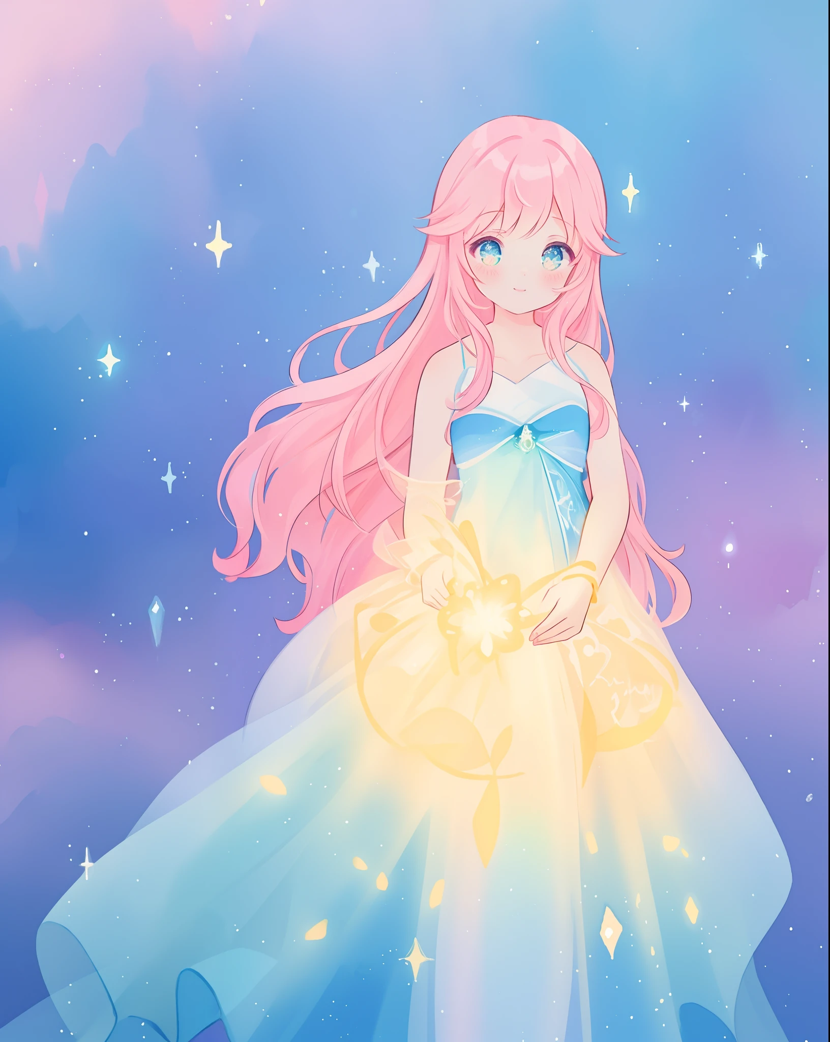 beautiful girl in sparkling gradient ballgown, long wavy peach pink hair, vibrant pastel colors, (colorful), colorful watercolor background, ethereal, magical lights, sparkling liquid light, inspired by Glen Keane, inspired by Lois van Baarle, disney art style, by Lois van Baarle, glowing aura around her, by Glen Keane, jen bartel, glowing lights! digital painting, flowing glowing hair, glowing flowing hair, beautiful digital illustration, fantasia background, whimsical, magical, fantasy, beautiful face, ((masterpiece, best quality)), intricate details, highly detailed, sharp focus, 8k resolution, sparkling detailed eyes, liquid watercolor