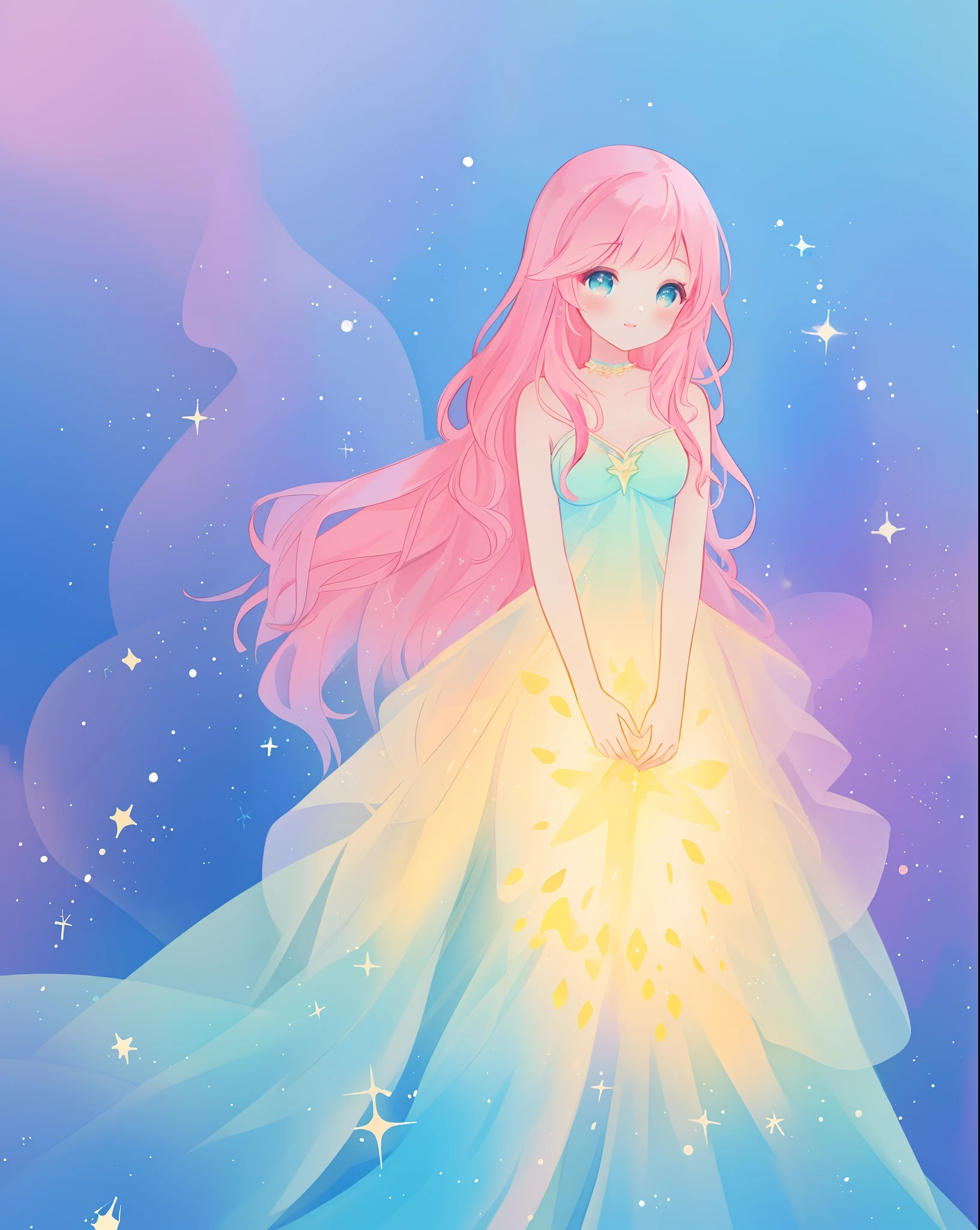 beautiful girl in sparkling gradient ballgown, long wavy peach pink hair, vibrant pastel colors, (colorful), colorful watercolor background, ethereal, magical lights, sparkling liquid light, inspired by Glen Keane, inspired by Lois van Baarle, disney art style, by Lois van Baarle, glowing aura around her, by Glen Keane, jen bartel, glowing lights! digital painting, flowing glowing hair, glowing flowing hair, beautiful digital illustration, fantasia background, whimsical, magical, fantasy, beautiful face, ((masterpiece, best quality)), intricate details, highly detailed, sharp focus, 8k resolution, sparkling detailed eyes, liquid watercolor