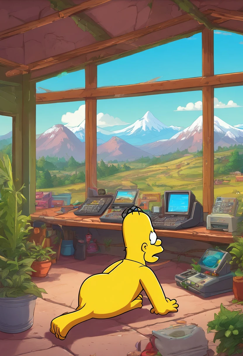 homer simpson in garage by stargate dialing pad and by gold ring circle window on wall, the gold ring circle window shows a anime cute 3d video game sonic the hedge hog next to fox on grass in a village with mmountains in background,8k,fantasy picture,vivid,lush, expressive, shading, window is a portal to another world, realistic,