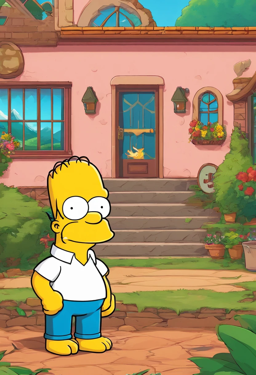 homer simpson in garage by stargate dialing pad and by gold ring circle window on wall, the gold ring circle window shows a anime cute 3d video game sonic the hedge hog next to fox on grass in a village with mmountains in background,8k,fantasy picture,vivid,lush, expressive, shading, window is a portal to another world, realistic,