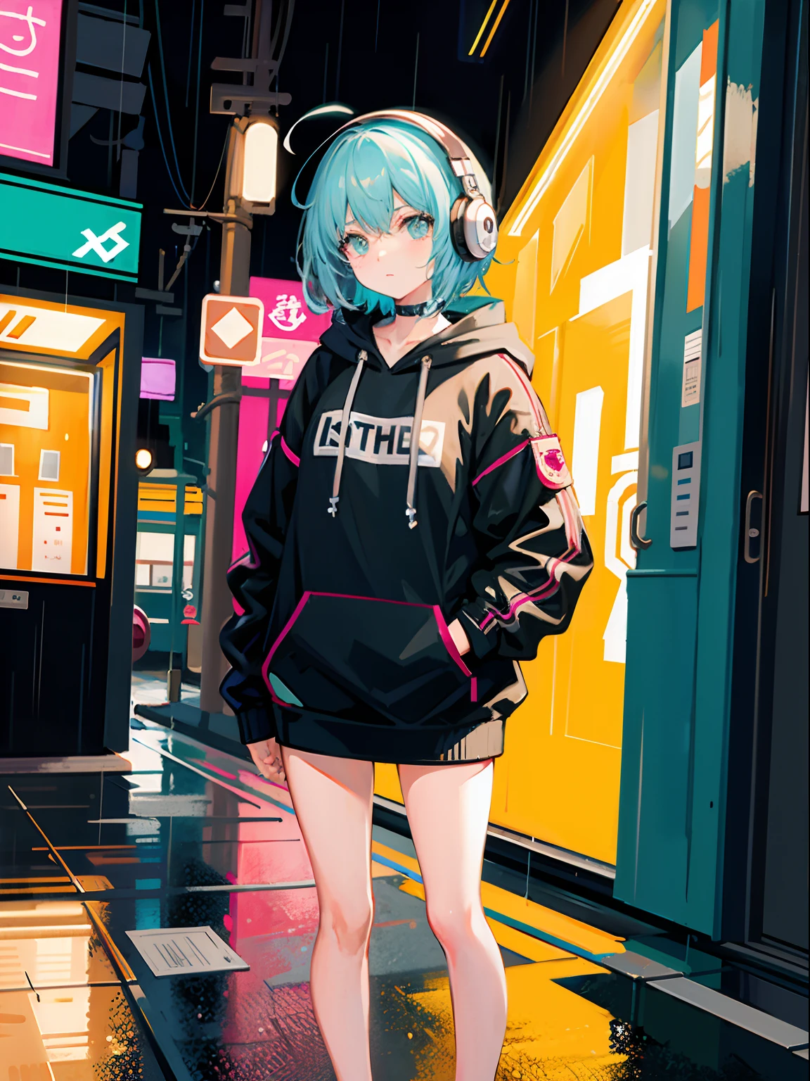 masterpiece, girl alone, solo, incredibly absurd, hoodie, headphones, street, outdoor, rain, neon,