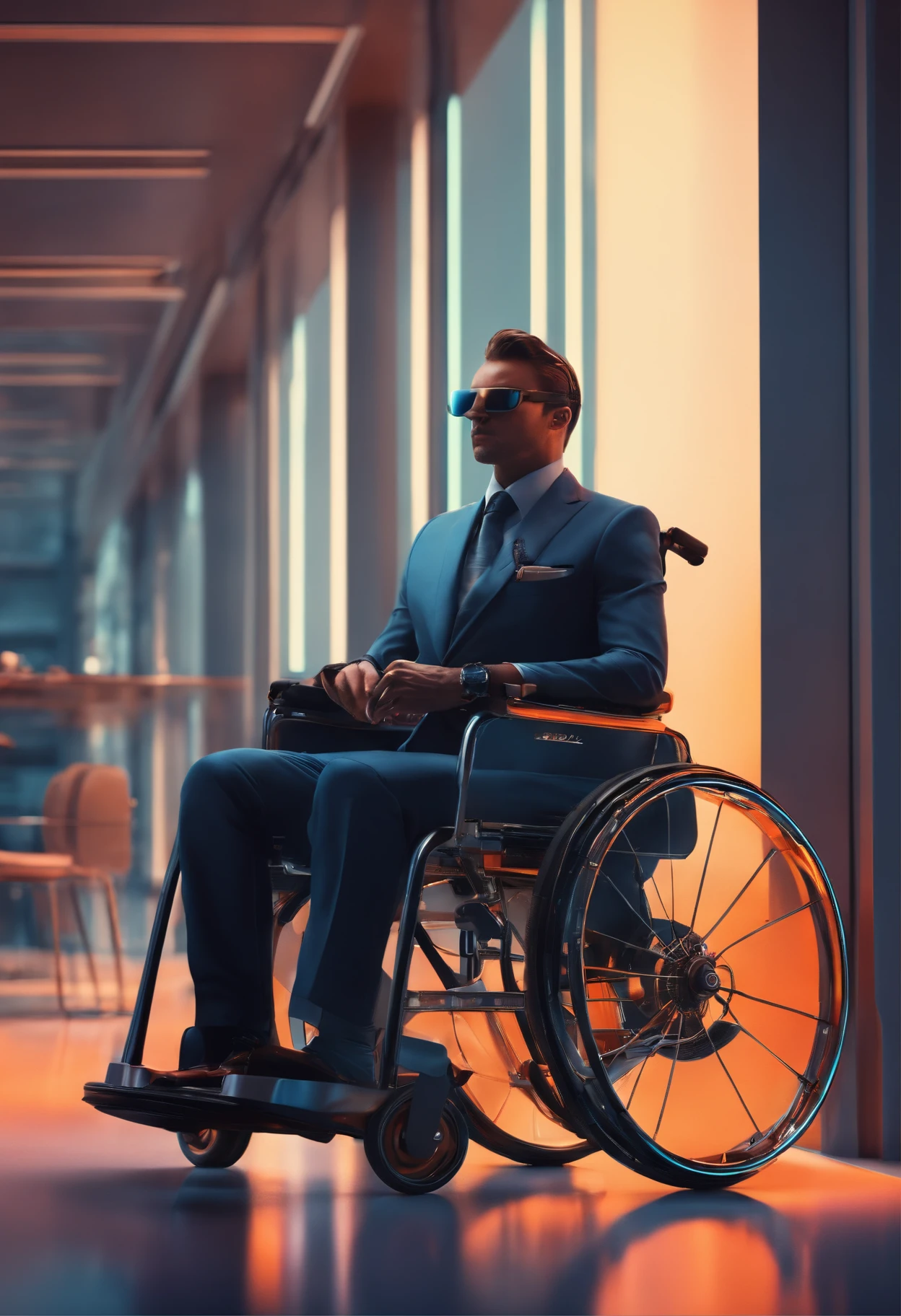 (retro-futuristic man in wheelchair,illustration,futuristic office building,technology,high tech wheelchair,technological advancements,advanced gadgets,modern interior design,virtual reality,high-speed internet connection,vibrant color palette,soft natural lighting,neon lights,meticulous detailing,crisp lines,sleek and streamlined design,sci-fi vibes)