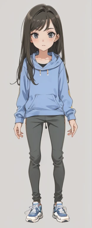 Arte Conceptual, Poses Dinamicas, 5 Poses, Chica anime con una sudadera con capucha azul y pantalones negros, Full body anime illustration,