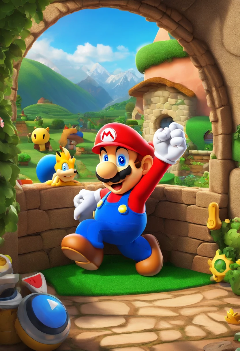 homer simpson in garage by stargate dialing pad and by gold ring circle window on wall, the gold ring circle window shows a anime cute 3d video game sonic the hedge hog next to fox on grass in a village with mmountains in background,8k,fantasy picture,vivid,lush, expressive, shading, window is a portal to another world, realistic,