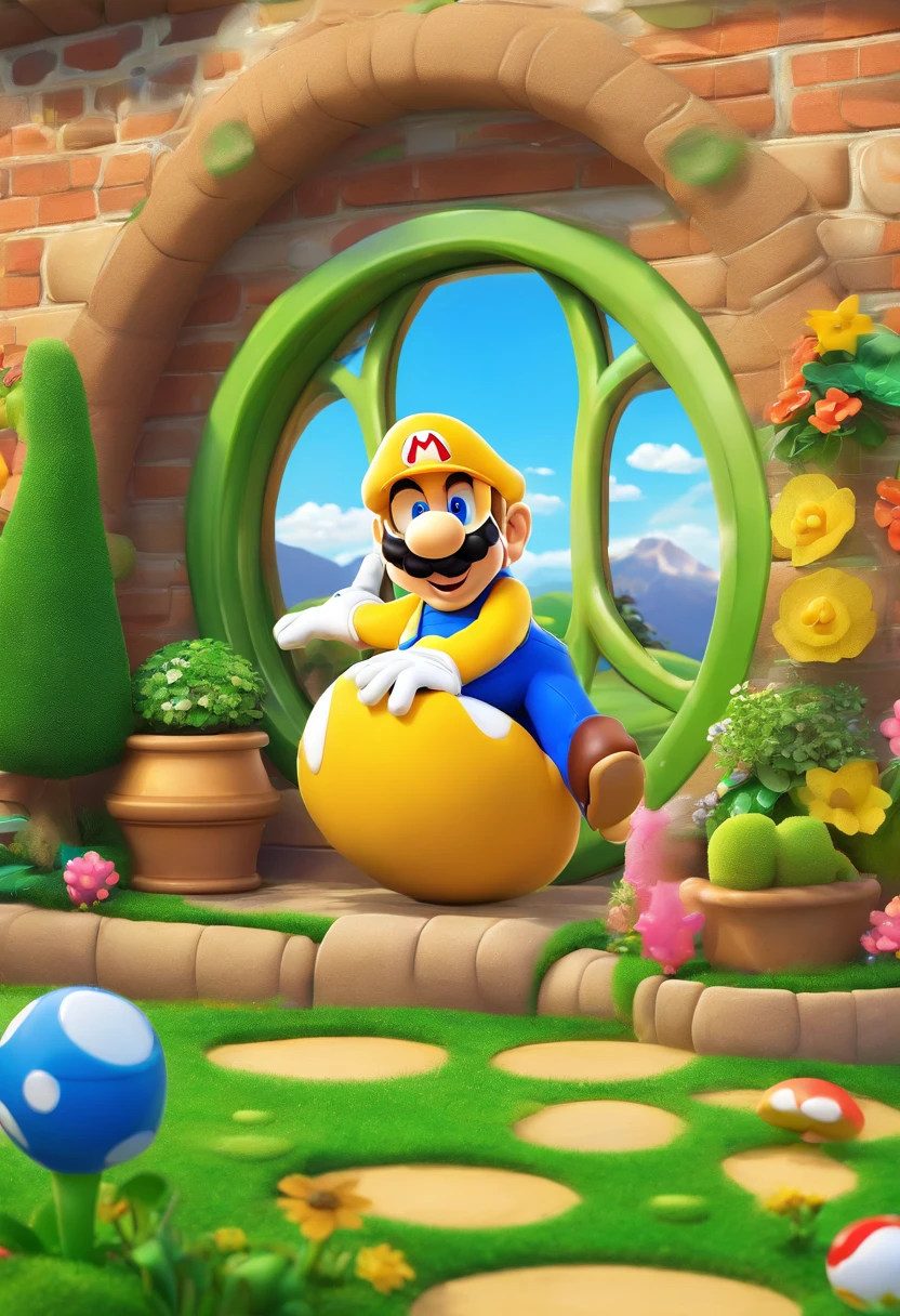 homer simpson in garage by stargate dialing pad and by gold ring circle window on wall, the gold ring circle window shows a anime cute 3d video game sonic the hedge hog next to fox on grass in a village with mmountains in background,8k,fantasy picture,vivid,lush, expressive, shading, window is a portal to another world, realistic,