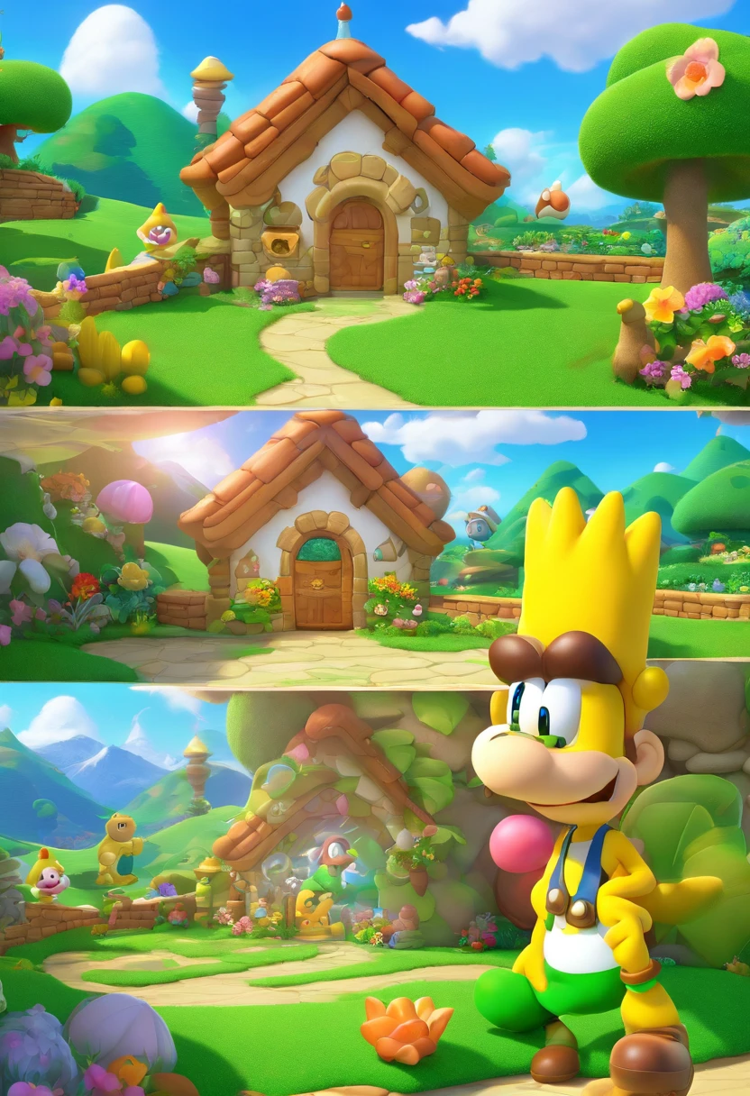 homer simpson in garage by stargate dialing pad and by gold ring circle window on wall, the gold ring circle window shows a anime cute 3d video game sonic the hedge hog next to fox on grass in a village with mmountains in background,8k,fantasy picture,vivid,lush, expressive, shading, window is a portal to another world, realistic,