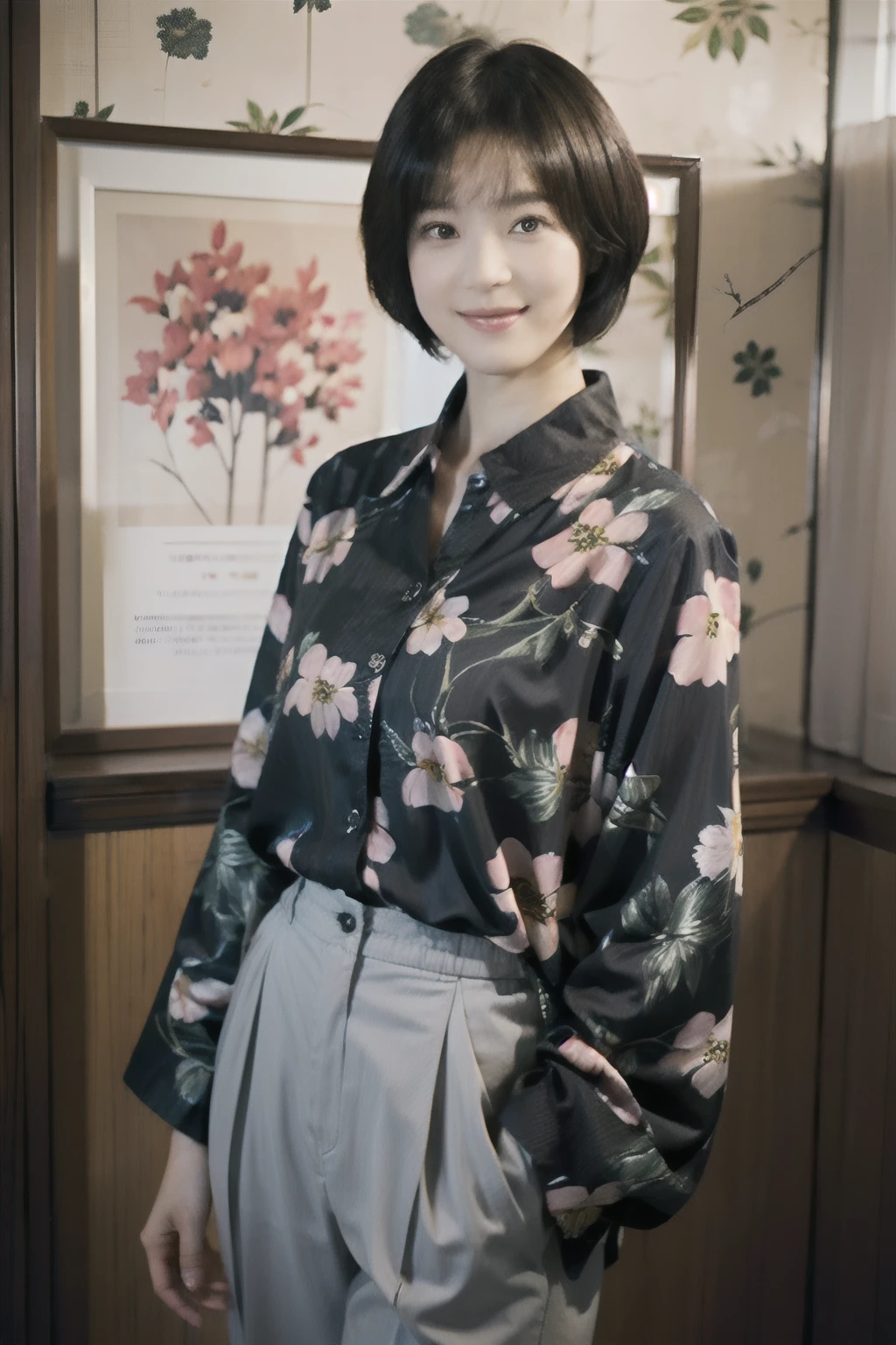 93
(a 20 yo woman,is standing), (A hyper-realistic), (masutepiece), ((short-hair:1.46)), (Smooth black hair), wear long pants, (Wearing a long-sleeved shirt with a floral print), (painterly、picture frame), (Gentle smile), (Keep your mouth shut)