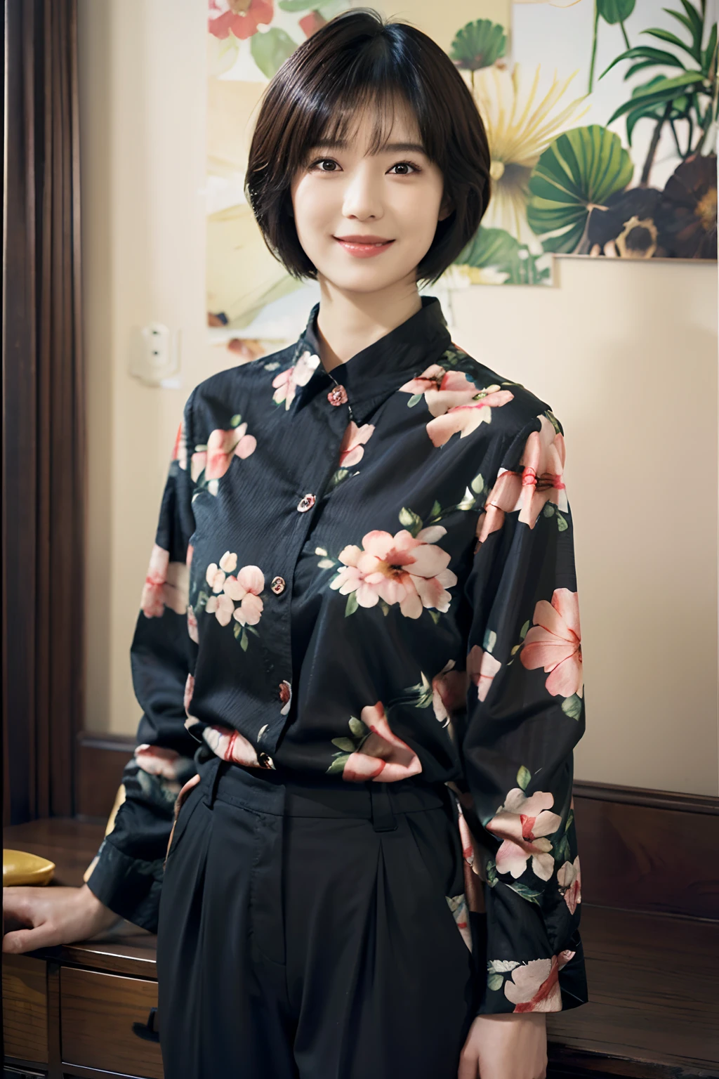 93
(a 20 yo woman,is standing), (A hyper-realistic), (masutepiece), ((short-hair:1.46)), (Smooth black hair), wear long pants, (Wearing a long-sleeved shirt with a floral print), (painterly、picture frame), (Gentle smile), (Keep your mouth shut)