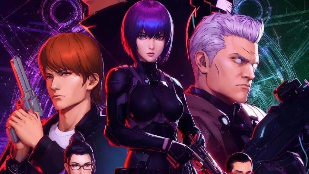 (best quality, 8k, highres, masterpiece:1.2), ultra-detailed, realistic, Ghost in the Shell: SAC_2045, Major Motoko Kusanagi, walking down the street, neon signs, eyes looking at viewer, cyberpunk cityscape, futuristic atmosphere, vibrant colors, cinematic lighting, sharp focus, fine details, sci-fi anime aesthetic, digital art, technologically advanced world, city hustle and bustle, rain-soaked streets, holographic advertisements, cybernetic enhancements, sleek black tactical suit, confident posture, intense gaze. Outfit and appearance of Major Motoko Kusanagi from movie Shell: SAC_2045. Purple vibrant hair. Carrying a black Glock 34 in right hand. sleek black tactical suit is open in the front unzipped exposing her breasts slightly. Surrounded by people passing her by.