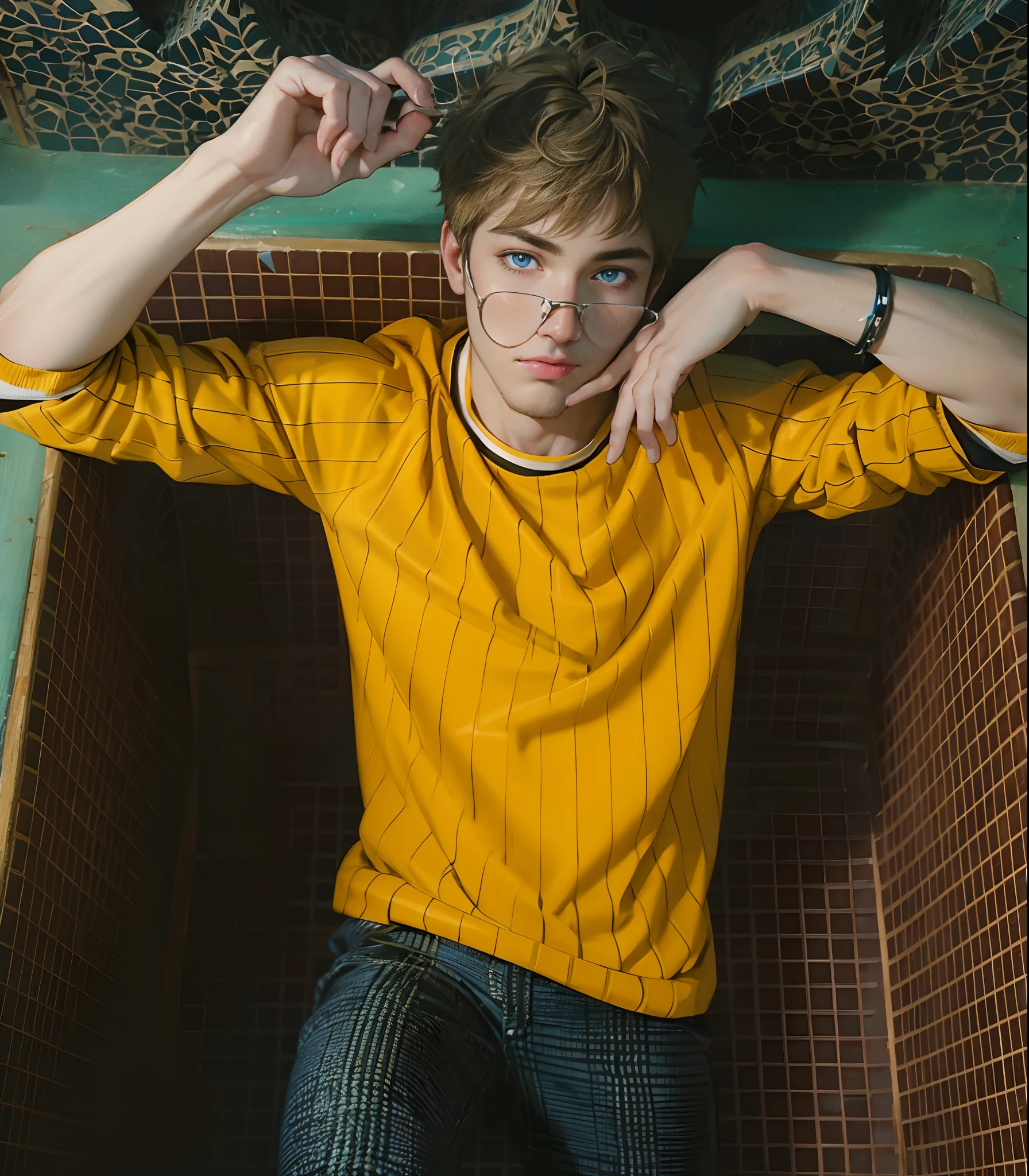 ultra detailed, beautiful and aesthetic, masterpiece, best quality, (fractal art:1.3) , 1boy, extremely detailed, dynamic angle, the most beautiful form of chaos, elegant, vivid colours, ross tran, atmospheric, there is a man sitting in a bathtub with his hands on his head, mid shot portrait, promo shot, yellow sweater, photo from a promo shoot, portrait shot, fluffy blonde hair, blue eyes, wristband, playing with his own hair, seen from above, glasses