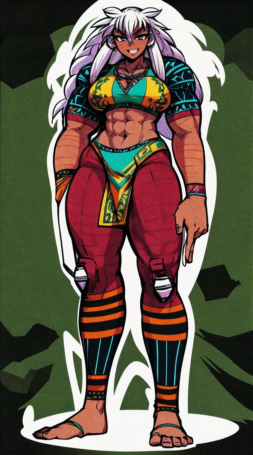 Ebony skinned female with white dreadlocks, thicc, wearing tribal warrior outfit, full body, standing, full body