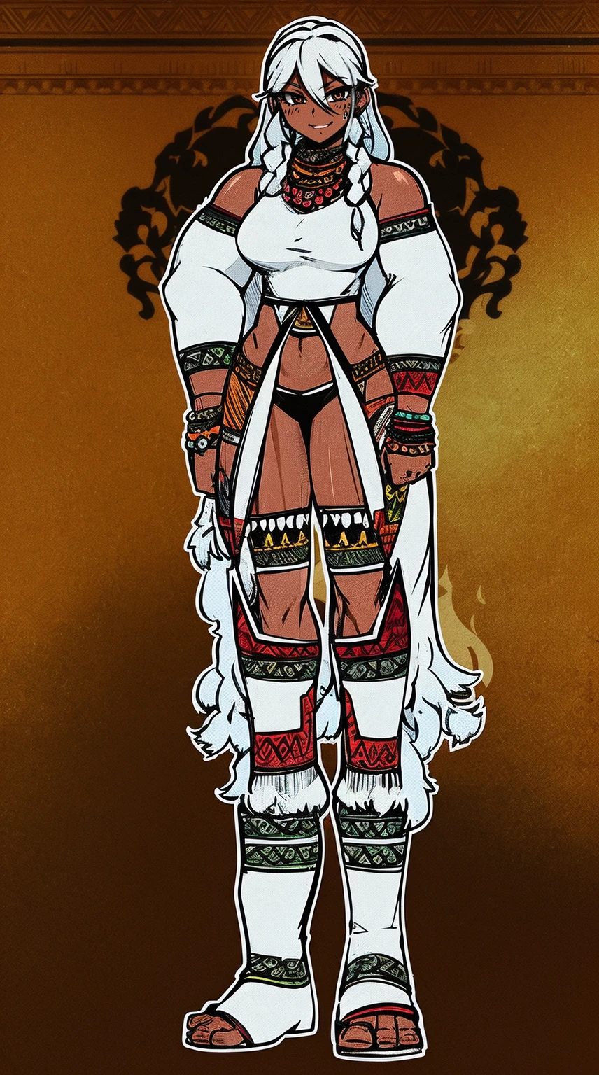 Ebony skinned female with white dreadlocks, thicc, wearing tribal warrior outfit, full body, standing, full body