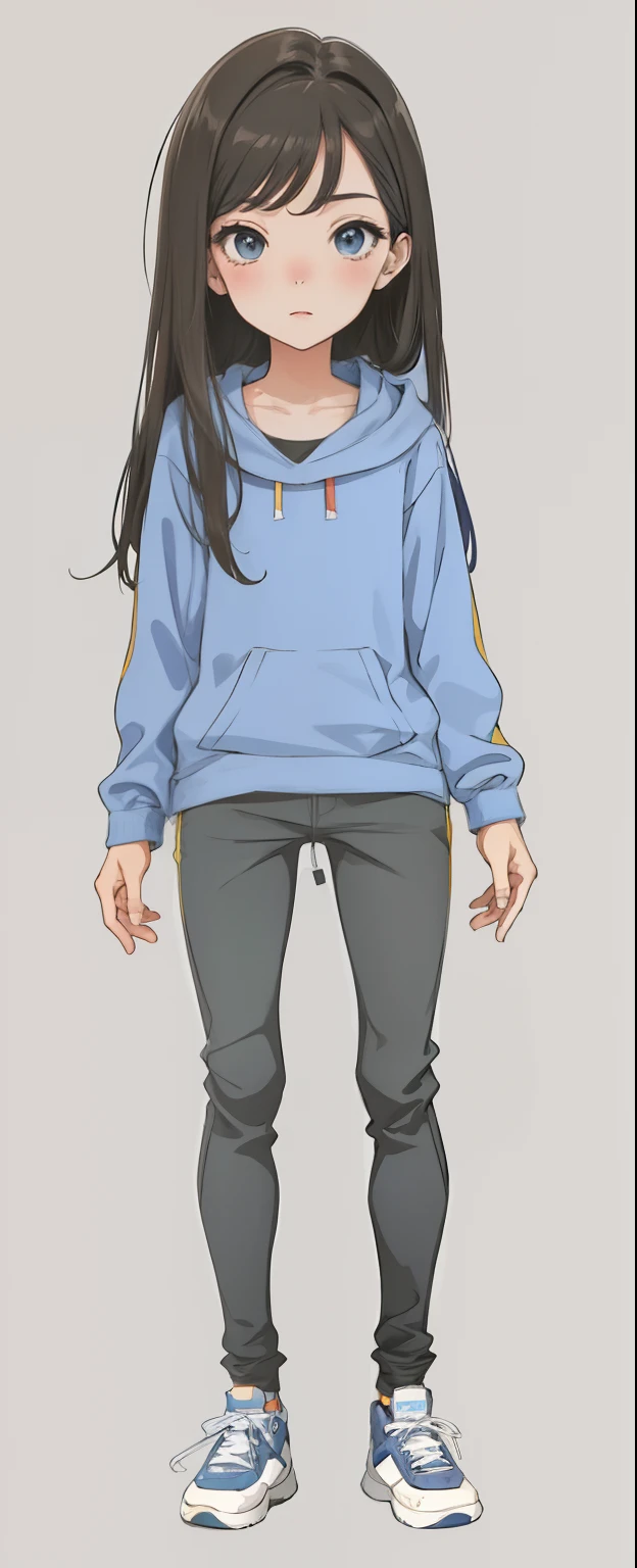 Arte Conceptual, Poses Dinamicas, 5 Poses, Chica anime con una sudadera con capucha azul y pantalones negros, Full body anime illustration,