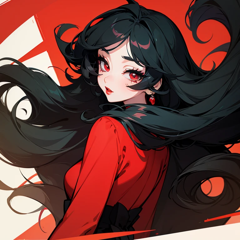 Long black curly hair. Long eyelashes. Black hair. Red lips. Anime girl. 2D style. Drawing. Color. Dress.