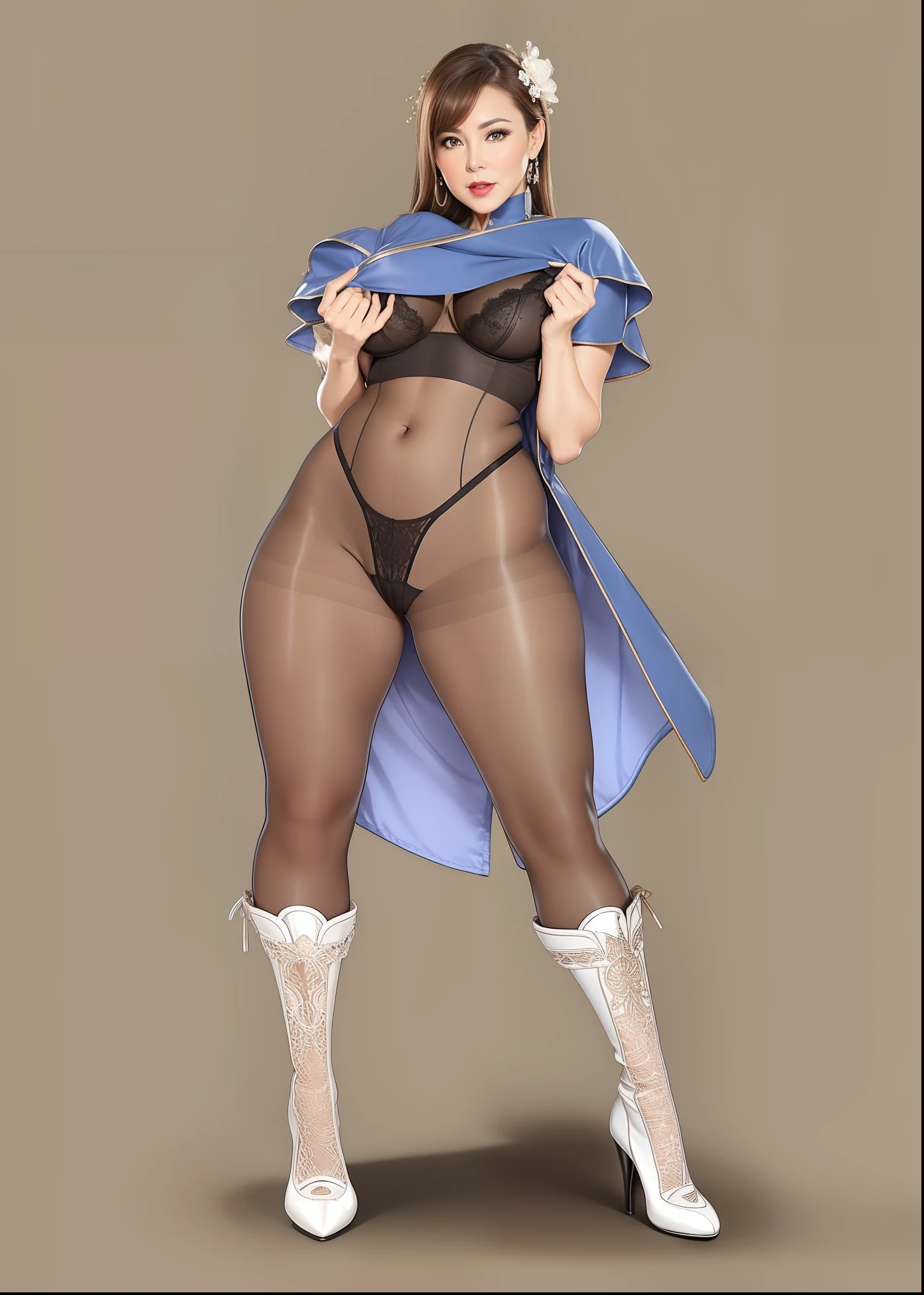 Photo of a 50-year-old woman with brown hair, a captivating gaze, Brown eyes, Wrinkles on her face, Black pantyhose,Black High Heel Boots,She wears very sexy lingerie underwear、、Revealing her large sagging breasts, Light makeup and red lips. 32K