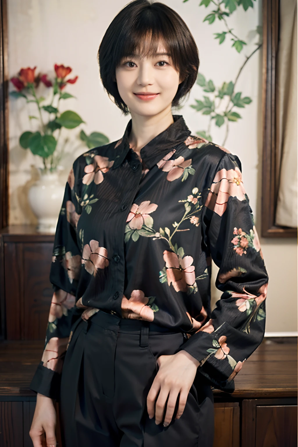 93
(a 20 yo woman,is standing), (A hyper-realistic), (masutepiece), ((short-hair:1.46)), (Smooth black hair), wear long pants, (Wearing a long-sleeved shirt with a floral print), (painterly、picture frame), (Gentle smile), (Keep your mouth shut)