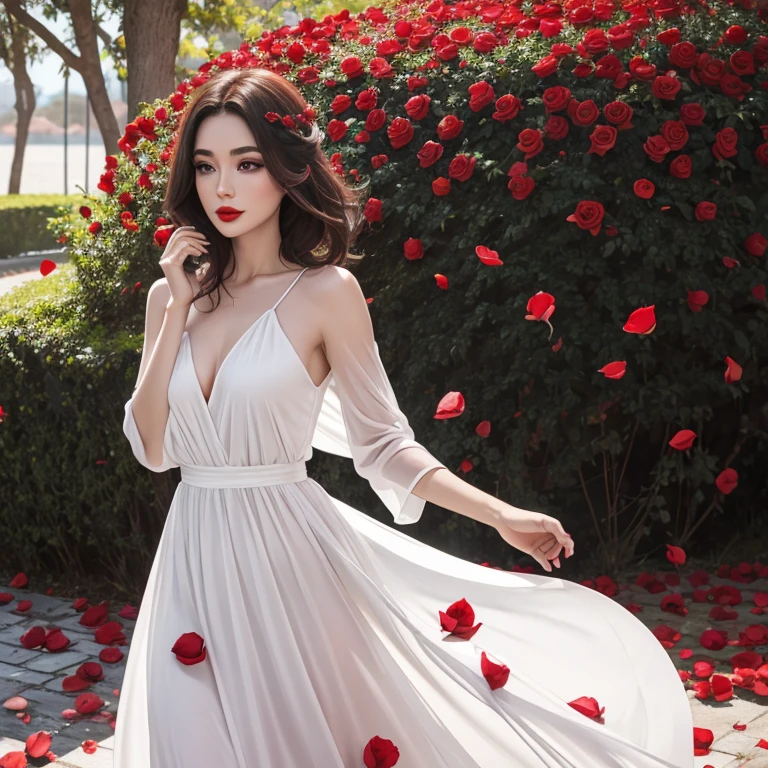 Red rose petals, pale skinned, cabelos claros, red-lips, vestido vermelho