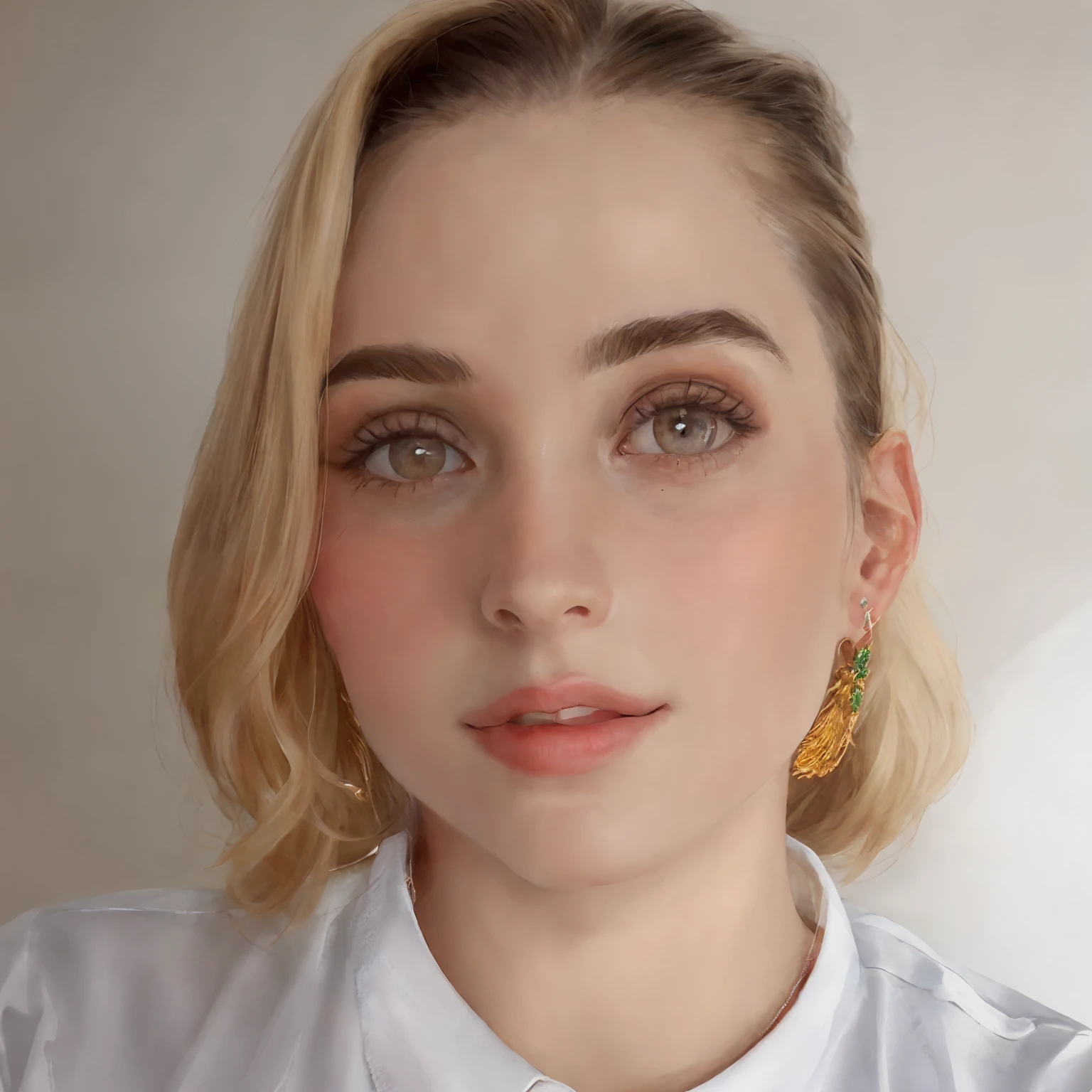 Mulher loira com brincos e uma camisa branca posando para uma foto, usando maquiagem profissional, brincos enormes e maquiagem queer, Alexandra Waliszewska, Leesha Hannigan, retrato de rosto completo, cara para cima com penteado 1 9 2 0 s, foto de perfil headshot, rosto completo close up retrato, full - rosto close - retrato para cima, face frontal centrada