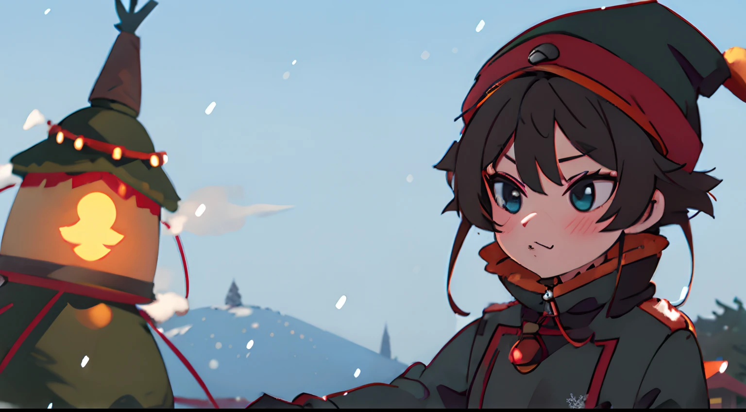 tanya, black hair with a Christmas hat, wearing a gray coat, with an orange hood, with a Christmas background, with snow and Christmas trees