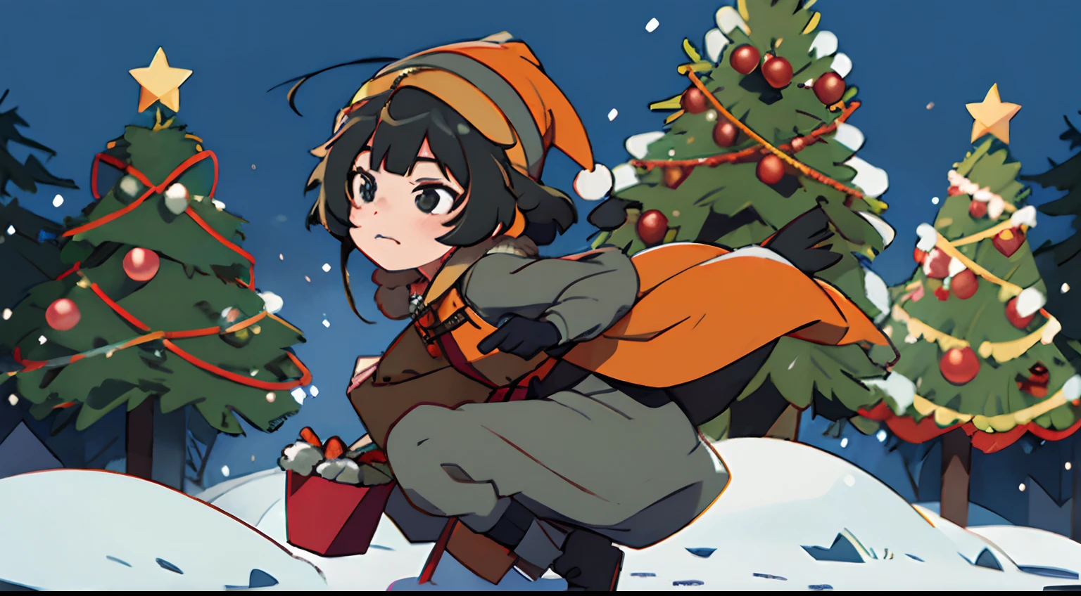 tanya, black hair with a Christmas hat, wearing a gray coat, with an orange hood, with a Christmas background, with snow and Christmas trees