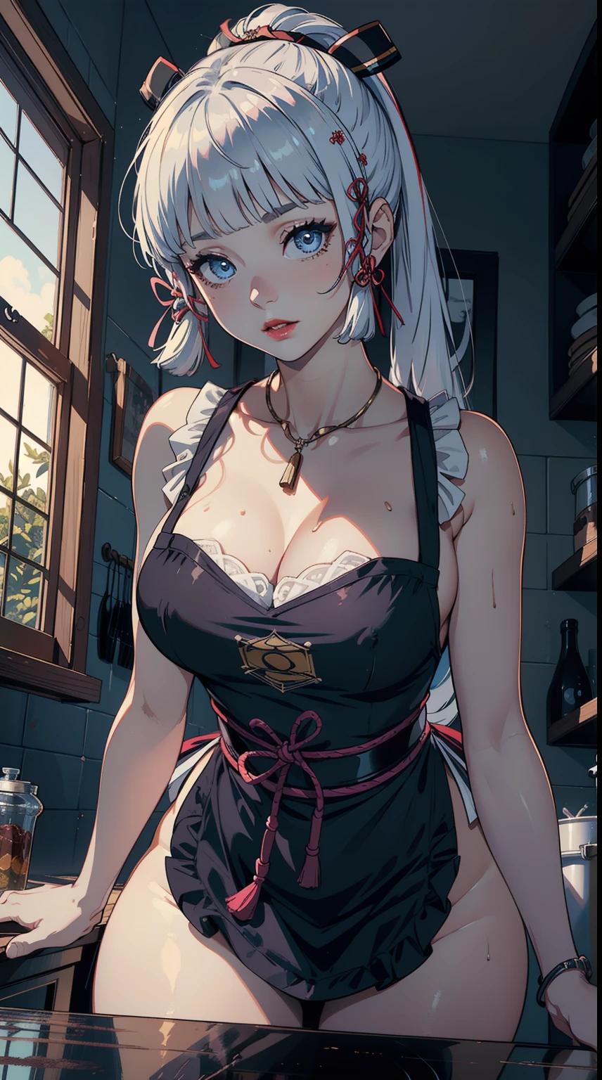 ((masterpiece)),(bestquality),((ultra-detailed)), ((beautiful detailed sky)), ((cinematic lighting)), depth of field, (dynamic angle),detailed lighting,(beautiful detailed eyes), (only apron), in the kitchen, red lip, eyeshadow,large breast, sexy, cleavage, bare thighs, kamisatoayakadef