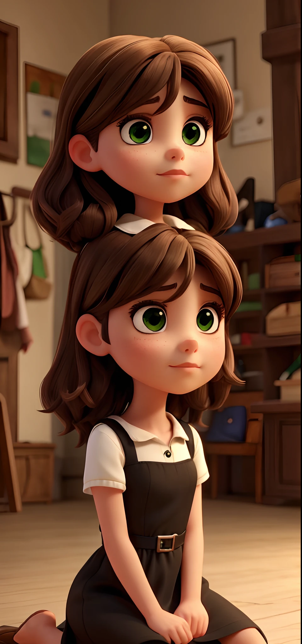 Girl with straight brown hair, large lips, The eyes are dark green, sitting in a black dress, And she's sad