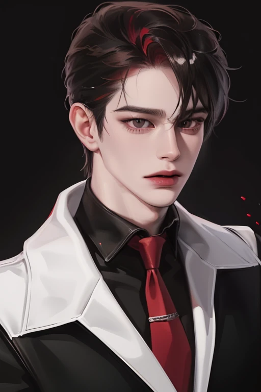photography of a sexy man, a solo man, (((man))), ((masculine face)), 25 years old, vampire, bad boy, handsome, realistic, (red eyes), expressive look, black hair, bangs, rose pale lips, (((dark background))), (((city backgtound))), shine hair, angular jaw, broad shoulders, tall, muscular, strong, shaven, black suit, black shirt, super detailed face, perfect body, perfect shapes, realistic image, award winning photography, 8k, (((perfect shiny eyes)))
