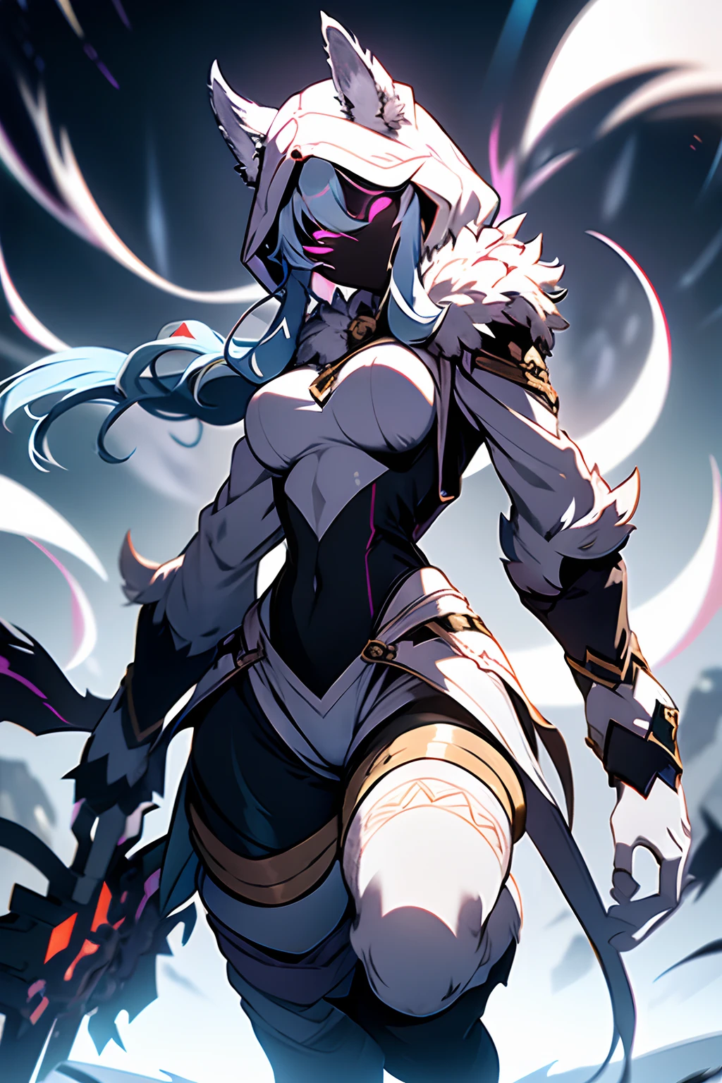 White hair, ethereal aura, serenity, wielded bow, light garments, spectral wolf, fierce nature, visual duality, soul hunters, smooth transition, agile posture, intense expression, light tones, dark tones, black facial mask.