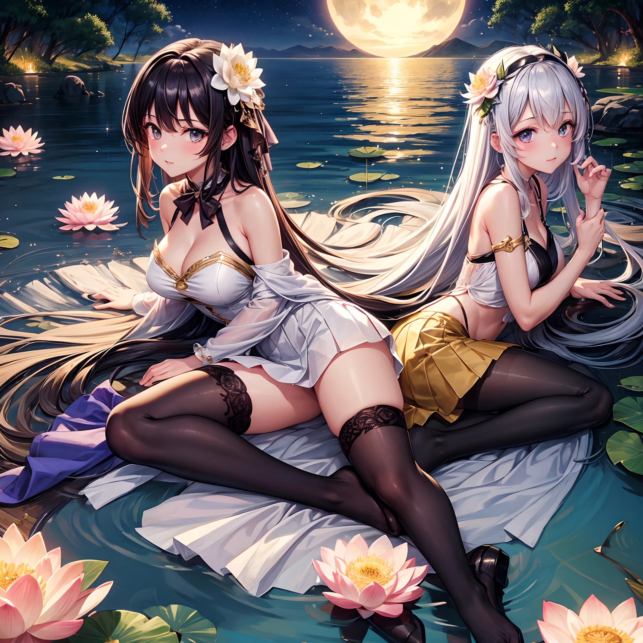(High quality, 8K, Original Character), (fact: 1.5), (masutepiece, Best Quality, High resolution: 1.2), girl, summer evening, (smooth texture of stockings: 1.5), sexy skirt, Delicate eyes, Delicate images, Boat, River, Face to camera, A large lotus flower blooms behind it, Moonlight, Breeze, fireflys