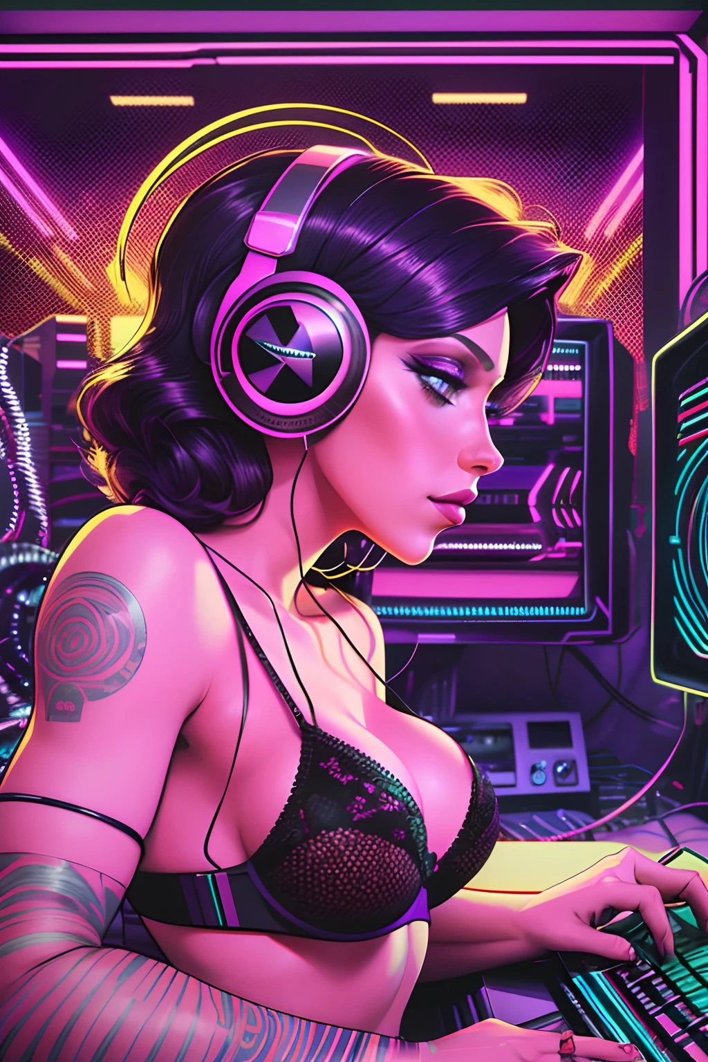 there is a woman in a black bra top and headphones playing a game, techno mystic goddess, twitch streamer, dark purple hair and cybernetics, ( ( ( synthwave ) ) ), inspired by Amanda Sage, synthwave style, fashwave, streaming on twitch, amouranth, still from a music video, profile picture 1024px