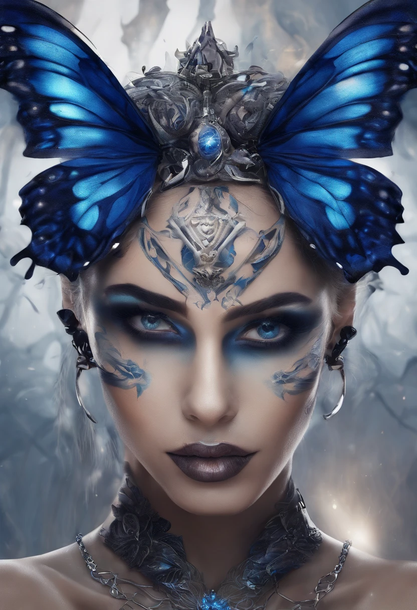 Femme arafed avec des tatouages et un collier avec un papillon sur la poitrine, femme faite de flammes noires, seductive cyberpunk dark fantasy, beautiful cyberpunk woman model, portrait pris, Moteur Unreal : : Maquillage rave, High quality fantastic photo, aetherpunk airbrush digital art, Portrait de Demon Girl, Photographie de portrait artistique 8k, Airbrush Digital Art, blue energy surround it