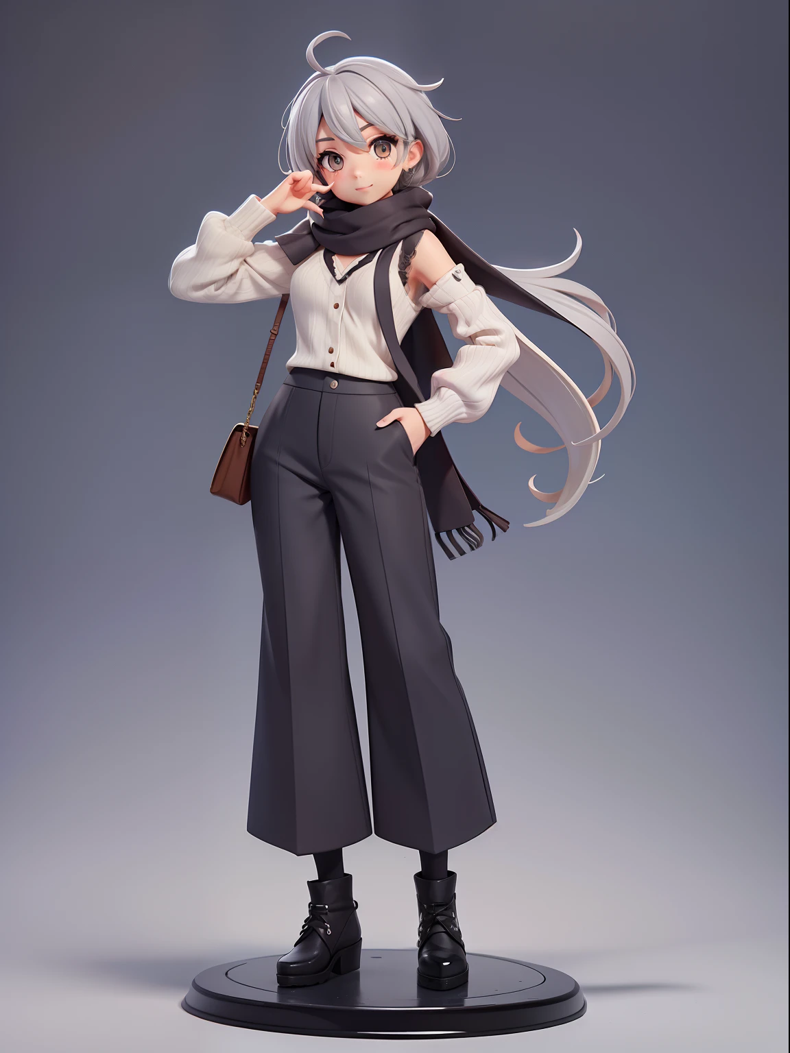 (tmasterpiece)mono color,Half painted,symple background,one girls,scarf,wide-leg pants,Long grey hair,Winner's gesture,(From the front:1.3),