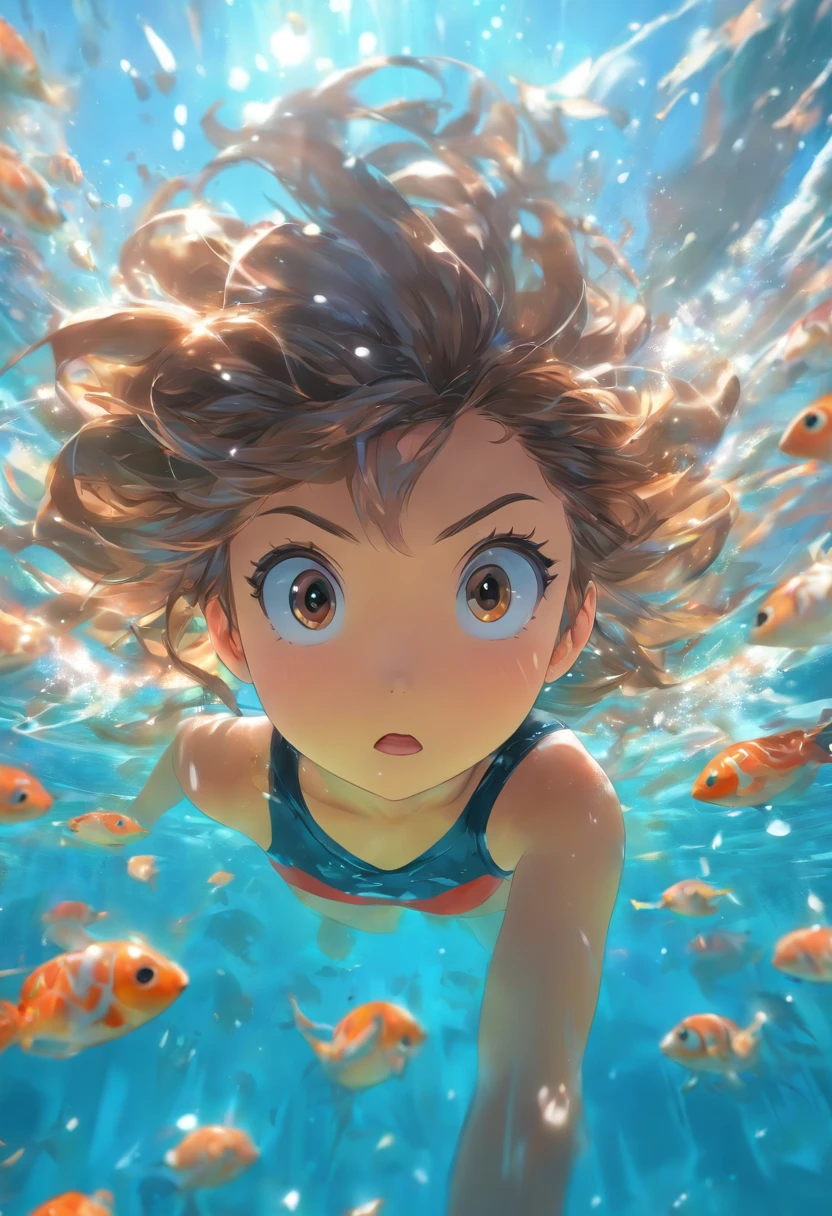 foreshortening, profundidade de campo, master part, best quality, 1girl, brown hair, olhos castanhos, cabelos longos, underwater, bolha de ar, sozinho, Olhando para o Viewer, school school swimsuit, swimming, luz solar fraca,