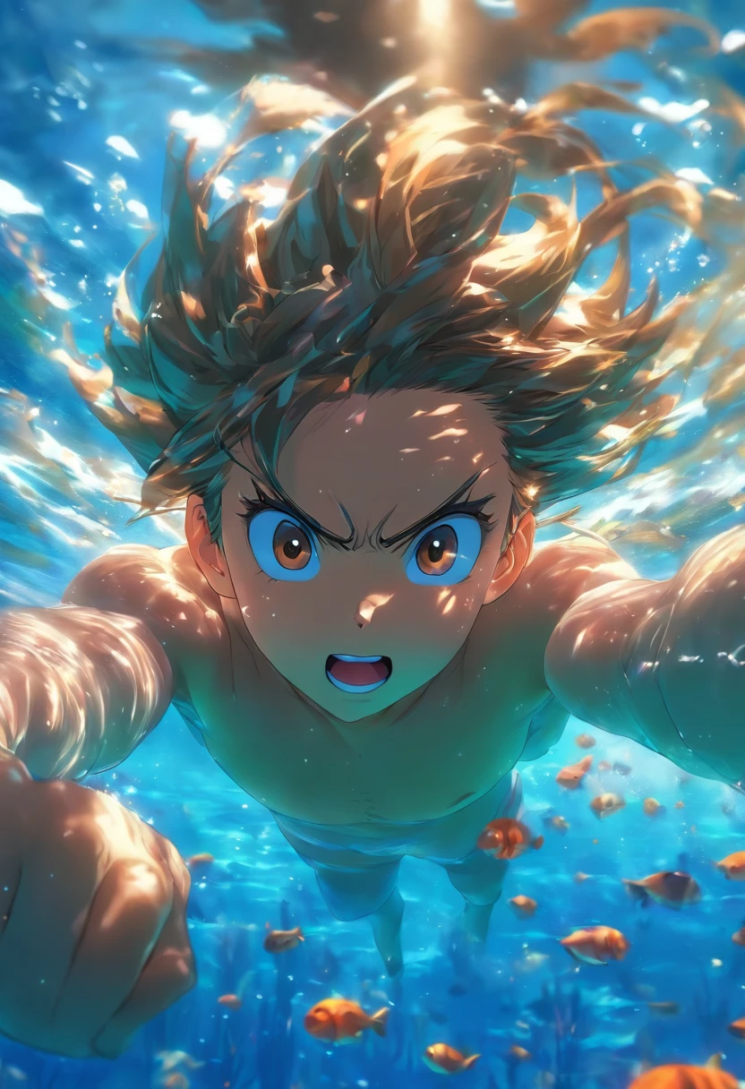 foreshortening, depth of field, masterpiece, best quality, 1girl, brown hair, brown eyes, long hair, underwater, air bubble, solo, looking at viewer, NSFW, (Huge breasts, perky breasts:1.4), upper body, tile, Big thighs, Detailed eyes, perfect face, detailed body, fleshy thighs, Detailed thighs, detailed arms, giant breasts, giant detailed breasts, big chest , totally naked,, fucking, Sexing, sexually violent), Blushing, collaring, sad, crying, desperate, desperate screams, sexually detailed moans, bondage, sexual rape, desperate expression, scared expression, NSFW Detailed Content, Content,+ 18), Surrounded closely by very angry aggressive old men having sex, dog collar around the neck、Hands and feet are tied to beams with ropes、rampage、Angry look、A detailed face、Detailed hand、detailed leg, swimming, dappled sunlight,